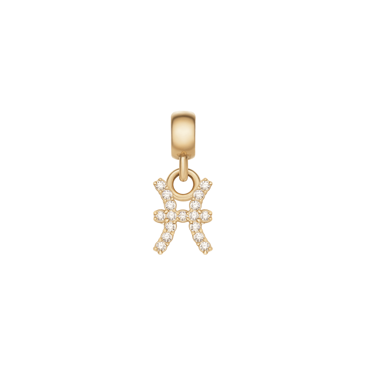 Daniel WellingtonのCrystal Zodiac Charm Goldは、うお座のモチーフをあしらったチャームです。キュービックジルコニアがセットされた魚座のシンボルと、ゴールドのベイル部分が白い背景に美しく映えます。