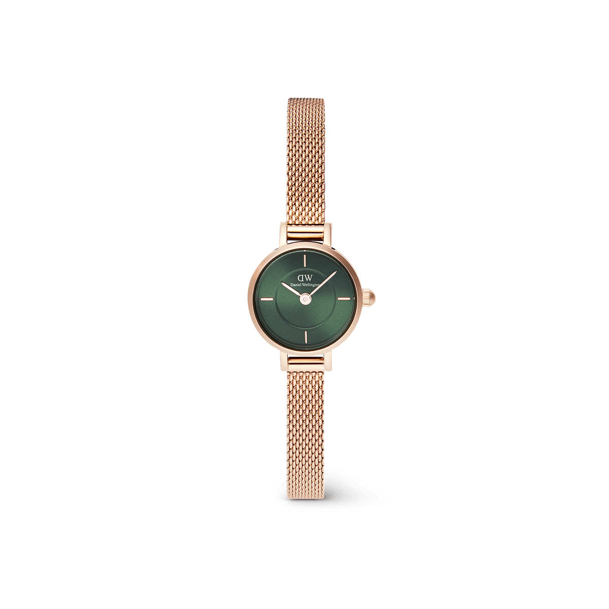 白背景にPetite Mini Emerald Melroseを縦に配置した全体画像です。ローズゴールドのメッシュストラップが自然なカーブを描き、19mmのコンパクトなケースとエメラルドグリーンのダイヤルが際立つデザインとなっています。