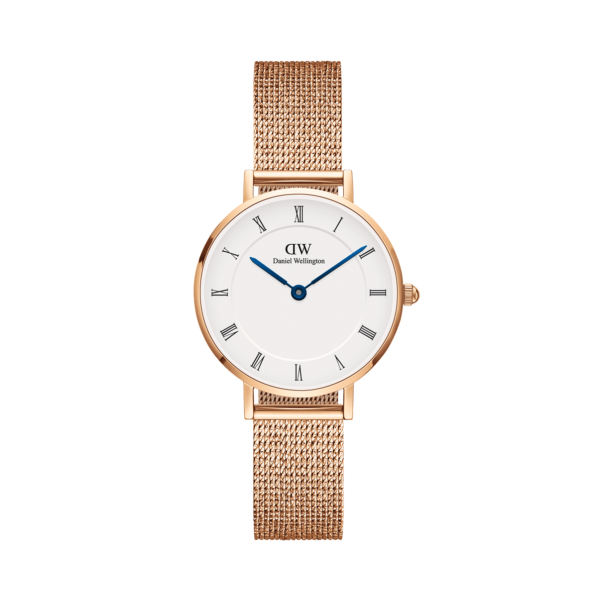 Daniel Wellington Petite Roman Numerals Melroseの正面画像です。ローズゴールドのケースとメッシュストラップに、ローマ数字が配されたホワイトダイヤルとブルースチールの針が映える女性向け腕時計です。