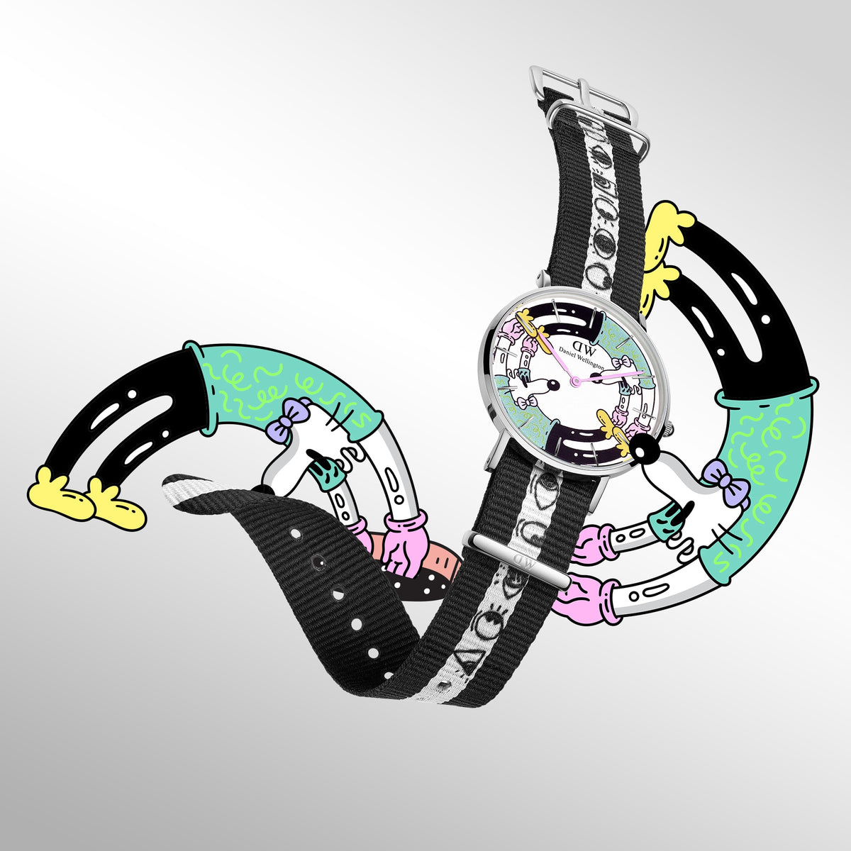 Steven HarringtonとDaniel Wellingtonの限定コラボモデルを、ポップなキャラクターイラストをあしらった動きのある構図で撮影したビジュアルです。アイモチーフがプリントされたブラックのNATOストラップが波打つように広がり、シルバーケースのマルチカラーダイヤルとアートワークが一体となったデザインを表しています。
