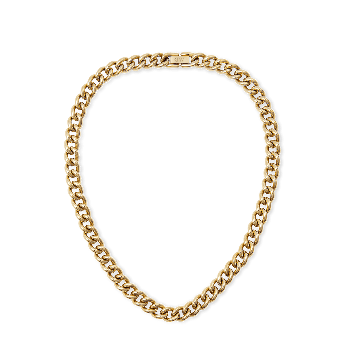 Daniel WellingtonのChunky Chain Necklace ゴールドカラー全体像。ポリッシュ仕上げの太めのカーブチェーンが連なり、留め具部分にはブランドロゴが刻印されています。