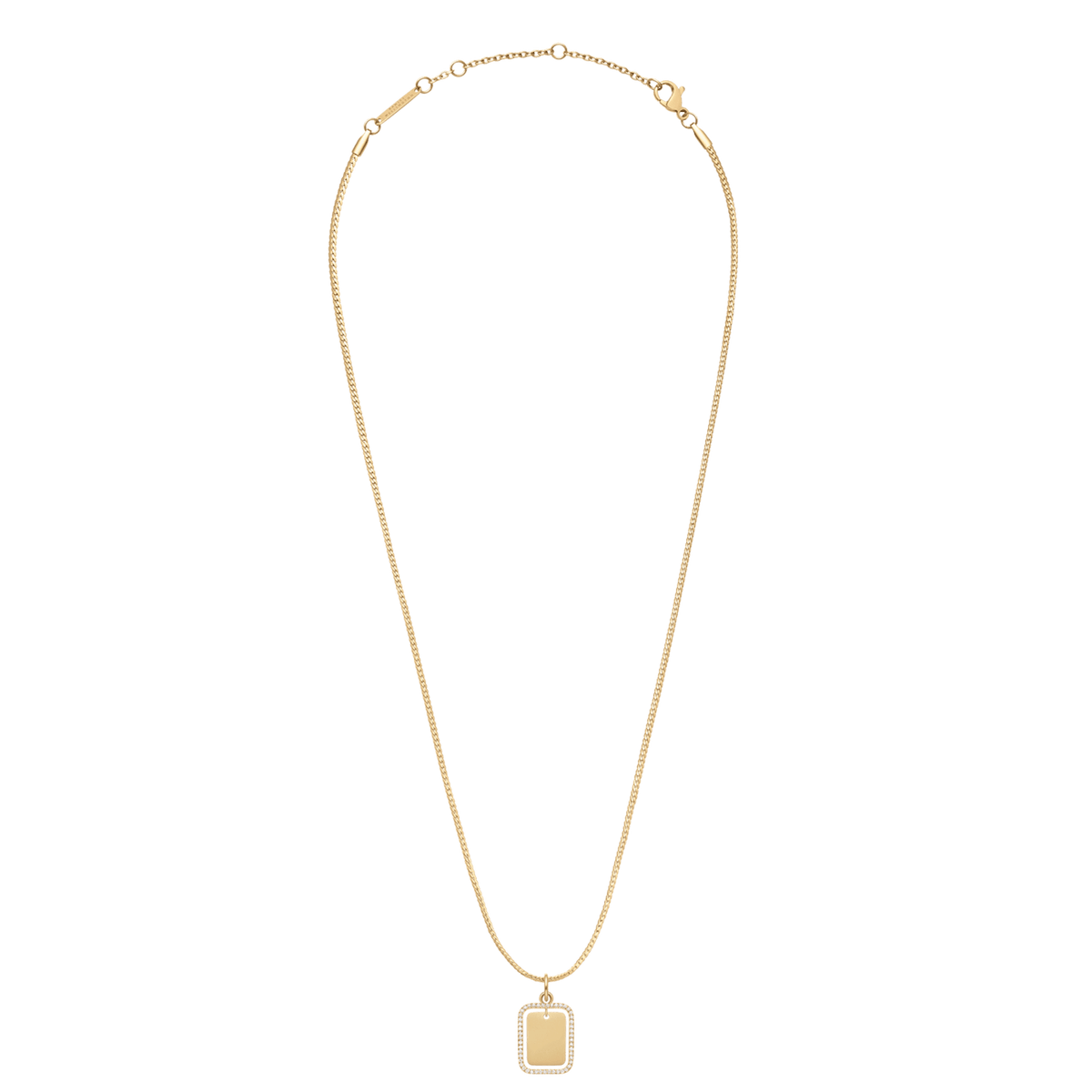 ダニエルウェリントンのRectangular Crystal Frame Pendant Gを白背景で撮影した商品画像です。ゴールドのキヘイチェーンに、クリスタルフレームがあしらわれた長方形のペンダントが下がっており、留め具やアジャスター部分の細部まで確認できます。