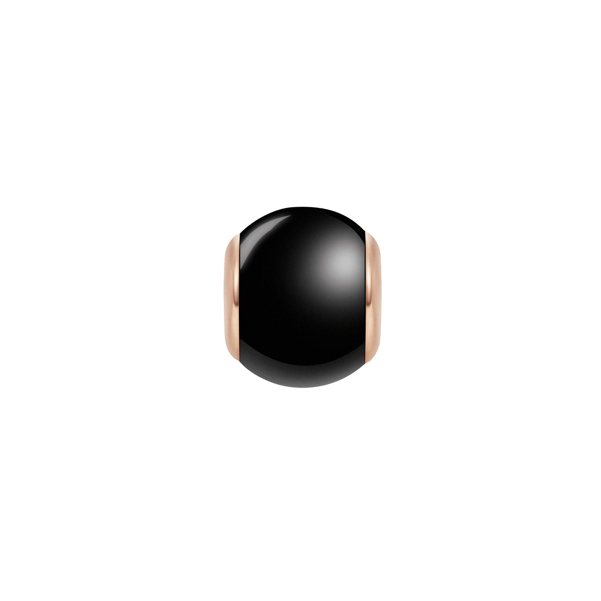 ダニエルウェリントン Black Orb Charm RGの正面画像です。艶やかなブラックセラミックのオーブ型チャームの両端に、ローズゴールドのステンレススチールパーツがあしらわれたコンパクトなデザインです。