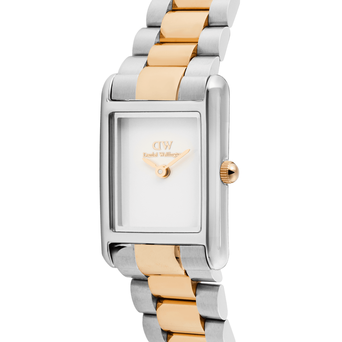 Bound Mini 3-Link Two Tone Rose Goldの文字盤とケースを斜めから捉えたクローズアップ画像です。インデックスのないホワイト文字盤に、ローズゴールドの針とロゴが映え、シルバーとローズゴールドが交互に配された3連リンクブレスレットの質感が際立ちます。