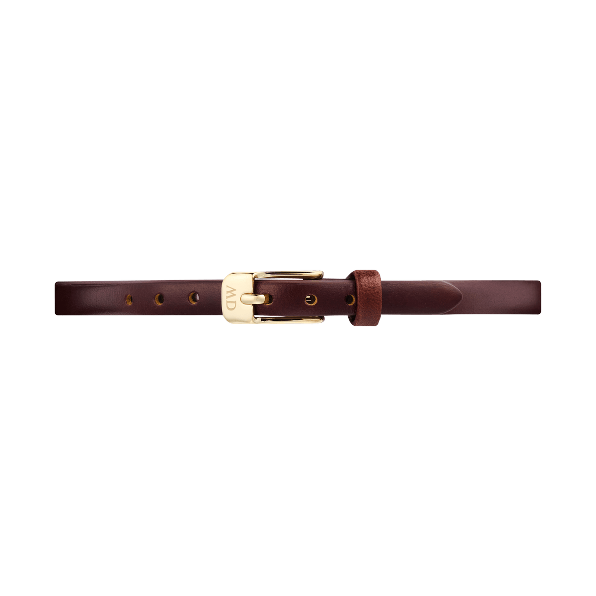 ダニエルウェリントン Pressed St Mawesストラップのゴールドピンバックル部分をクローズアップ。ブラウンのイタリアンレザーに刻印が施されたゴールドバックルが映える、6mm幅の細身デザインです。