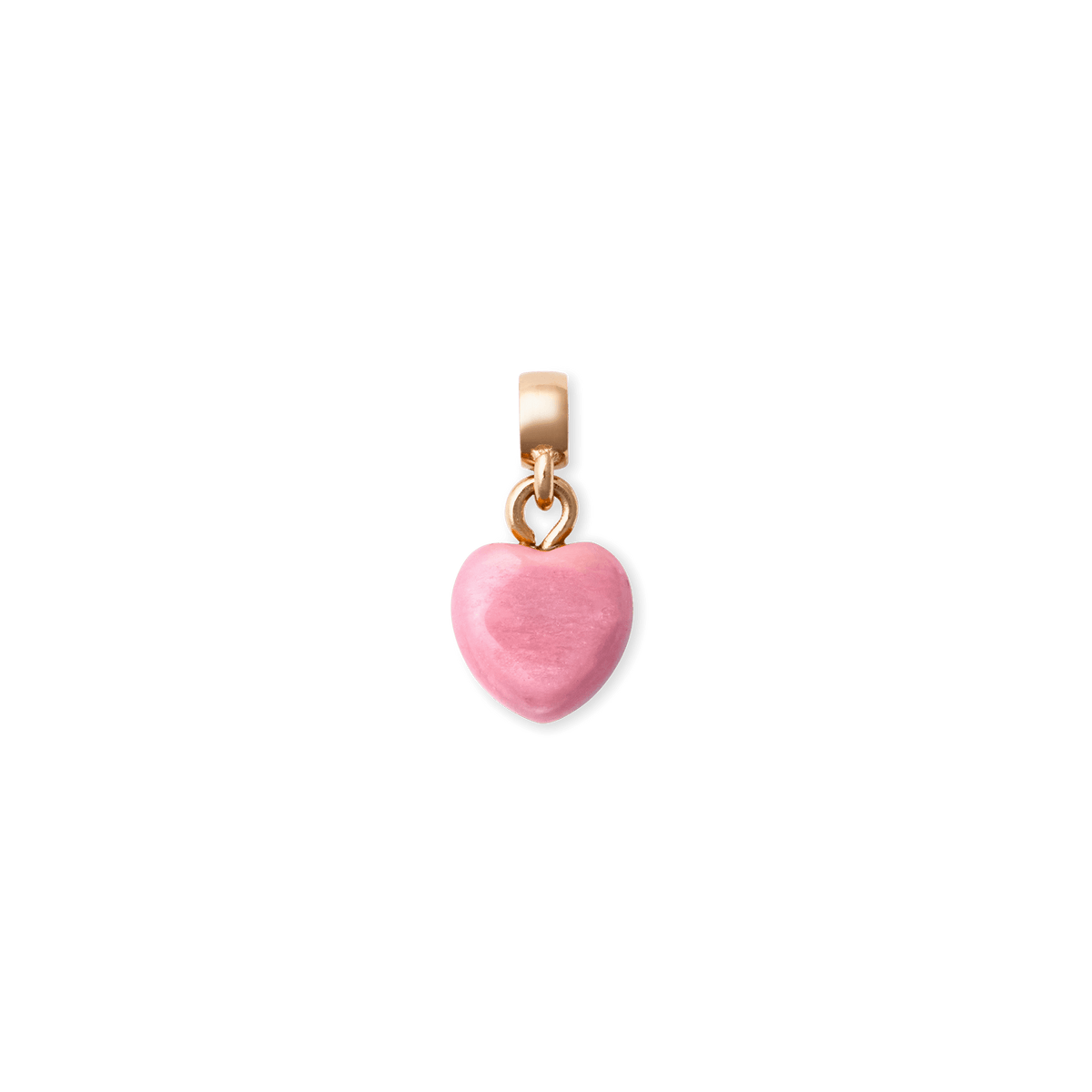 Daniel WellingtonのRhondonite Heart Rose Goldチャーム。ふっくらとしたハート型のロードナイト天然石が、ローズゴールドの金具に吊り下げられたデザインです。やわらかなピンク色とつややかな石肌が、白い背景に映える美しいカットが特徴です。