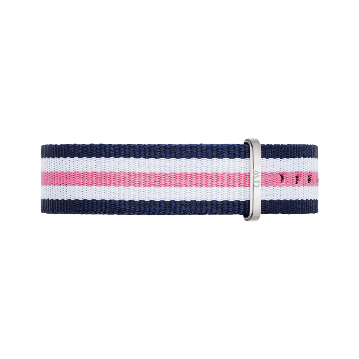Daniel Wellington Southampton Strapの全体像。ネイビー、ホワイト、ピンクのトリコロールストライプが特徴のNATOタイプのポリエステルストラップです。シルバーカラーのバックル部分にはブランドロゴが刻印されています。
