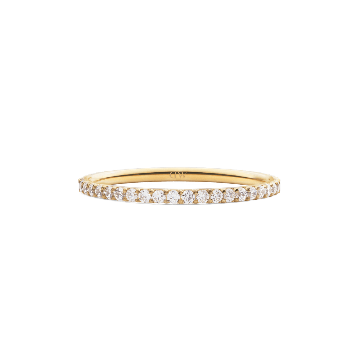 Mirelle Eternity Ring Gold 1.4 mmを正面から撮影した画像です。1.4 mmの極細ゴールドバンドに沿って、ホワイトキュービックジルコニアが爪留めされ、繊細な輝きが連続しています。