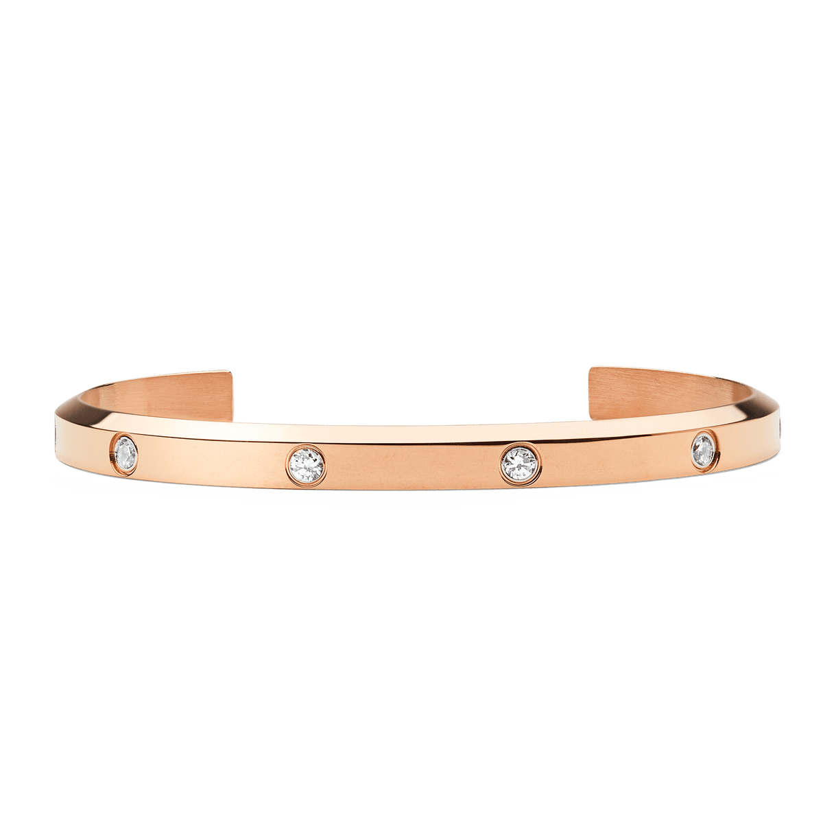 ダニエルウェリントン Classic Lumine Bracelet Rose Goldの正面プロダクト写真。磨き上げられたローズゴールドのオープンカフには、ベゼルセッティングのキュービックジルコニアが等間隔に配置されています。