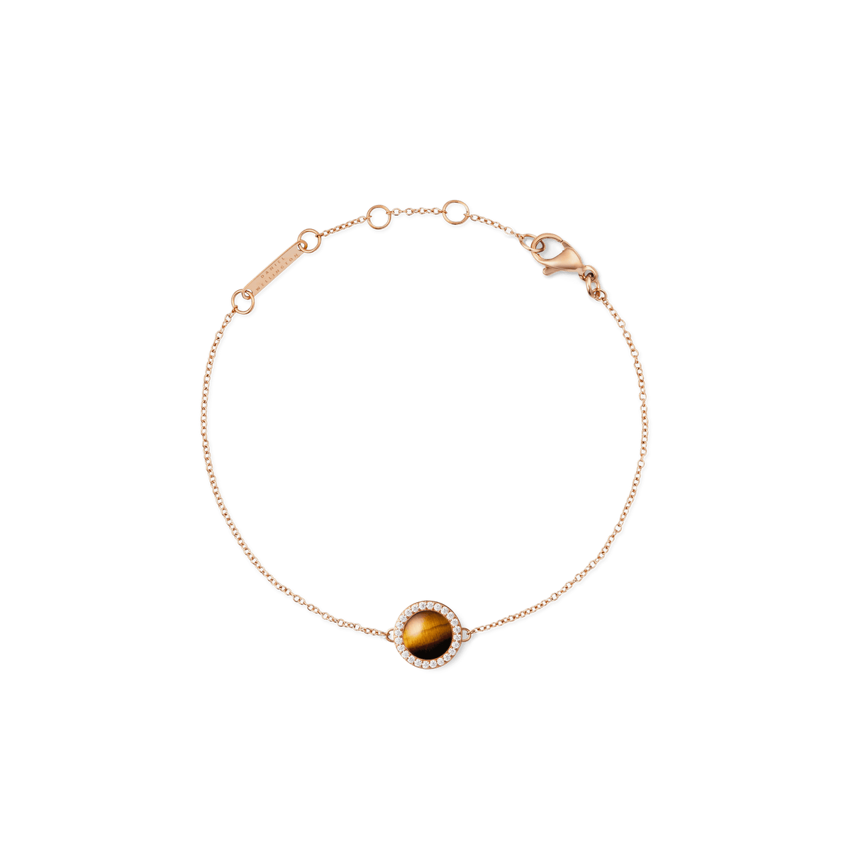 Daniel Wellington Audrey Bracelet Tiger Eye Rose Goldの全体像。ドーム型のタイガーアイをホワイトキュービックジルコニアのハローが包み込み、細身のローズゴールドチェーンにはロブスタークラスプとサイズ調節リングを搭載しています。