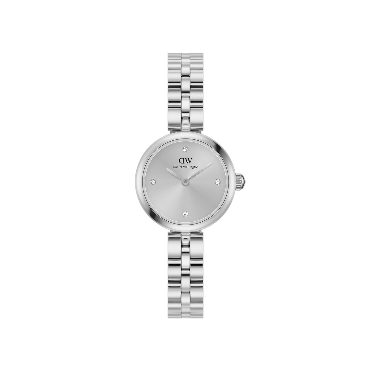 Daniel WellingtonのElan Lumine Unitone Silverです。シルバーのサンレイダイヤルに5つのクリスタルインデックスを配し、3連ステンレススチールブレスレットまで同系色で統一された、上品な女性向け腕時計です。