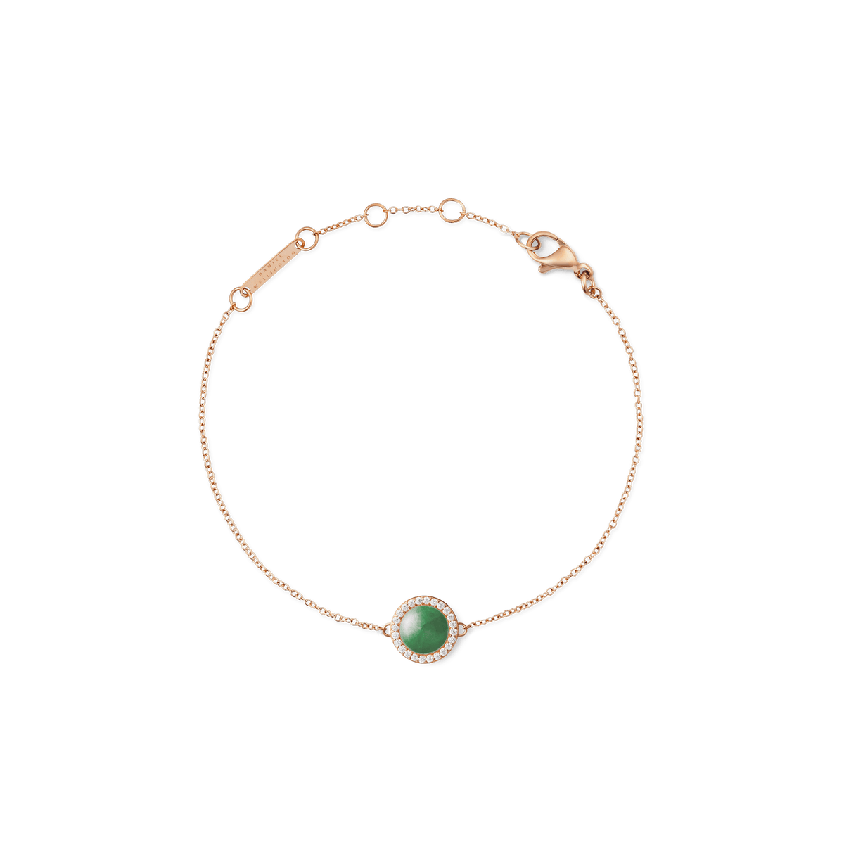Daniel WellingtonのAudrey Bracelet Jade Rose Goldは、ドーム型の天然翡翠をホワイトキュービックジルコニアのハローが囲むデザインのチェーンブレスレットです。細身のローズゴールドチェーンにはロブスタークラスプとサイズ調節リングを備え、使いやすさにも配慮されています。