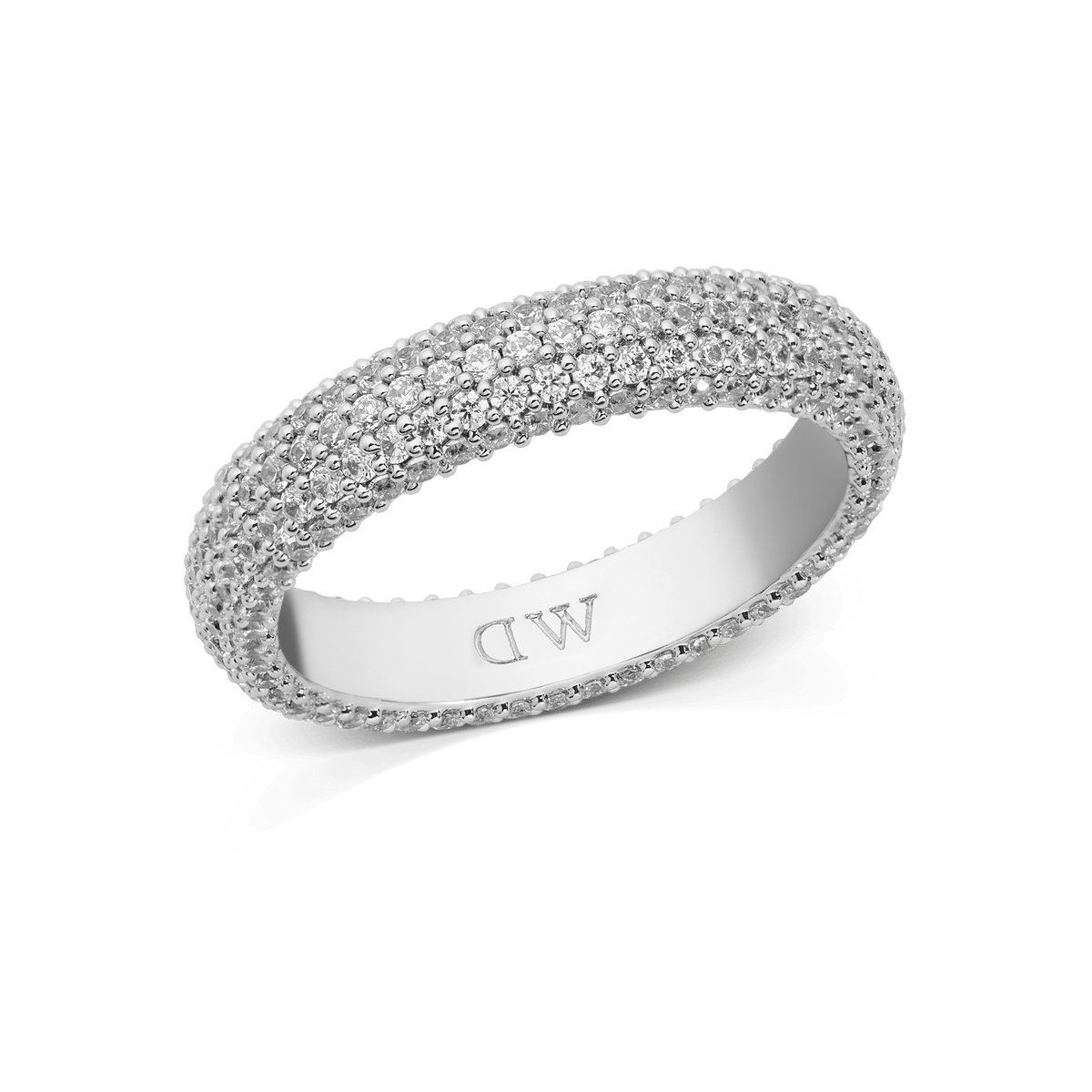 ダニエルウェリントン Pavé Ring Silverの商品画像。キュービックジルコニアがリング全体に敷き詰められたドーム型のシルバーリングで、内側にはブランドロゴの刻印が施されています。