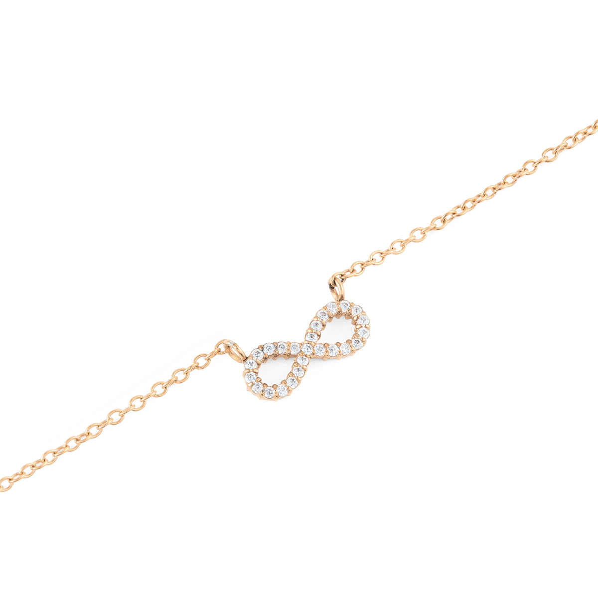 Mirelle Infinity Necklaceのインフィニティモチーフをクローズアップした写真です。ローズゴールドの細いチェーンにつながるモチーフ部分には、ホワイトキュービックジルコニアが曲線に沿って一粒ずつセットされ、繊細な輝きを放っています。