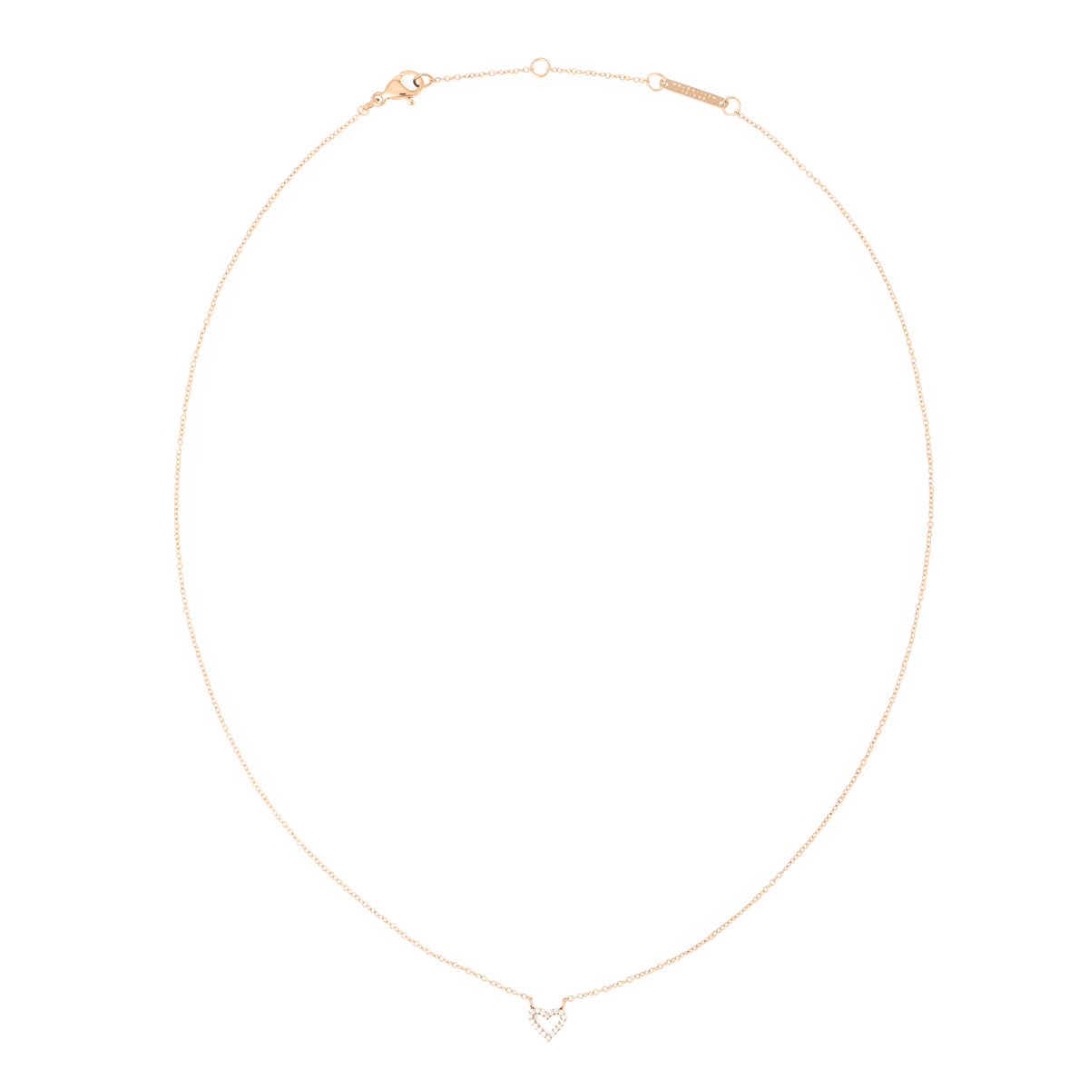 ダニエルウェリントン Mirelle Heart Necklace Rose Goldの全体像。細身のローズゴールドチェーンに、ホワイトキュービックジルコニアをあしらった小ぶりなオープンハートのペンダントが付いたデザインです。