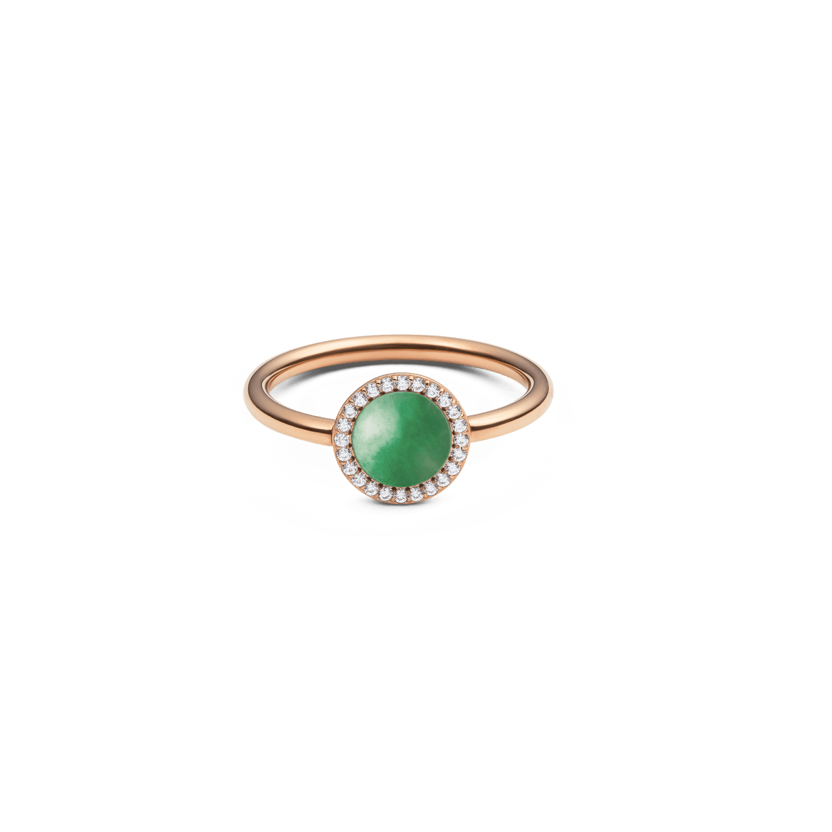 ダニエルウェリントン Audrey Ring Jade Rose Goldの正面画像。ドーム型にカットされたグリーンのヒスイを中央に配し、ホワイトキュービックジルコニアのヘイロー(光輪)セッティングが石を囲む、ローズゴールドの細身リングです。