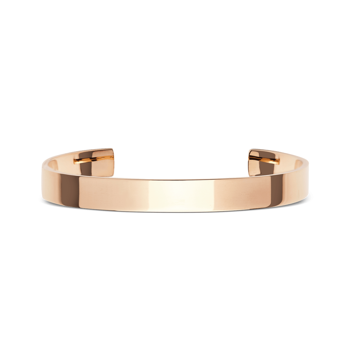 Daniel Wellington Line Cuff Polished Rose Goldの正面プロダクト写真です。装飾を排したミラーポリッシュ仕上げのローズゴールドカフブレスレットが、白い背景に映え、ミニマルなデザインを際立たせています。