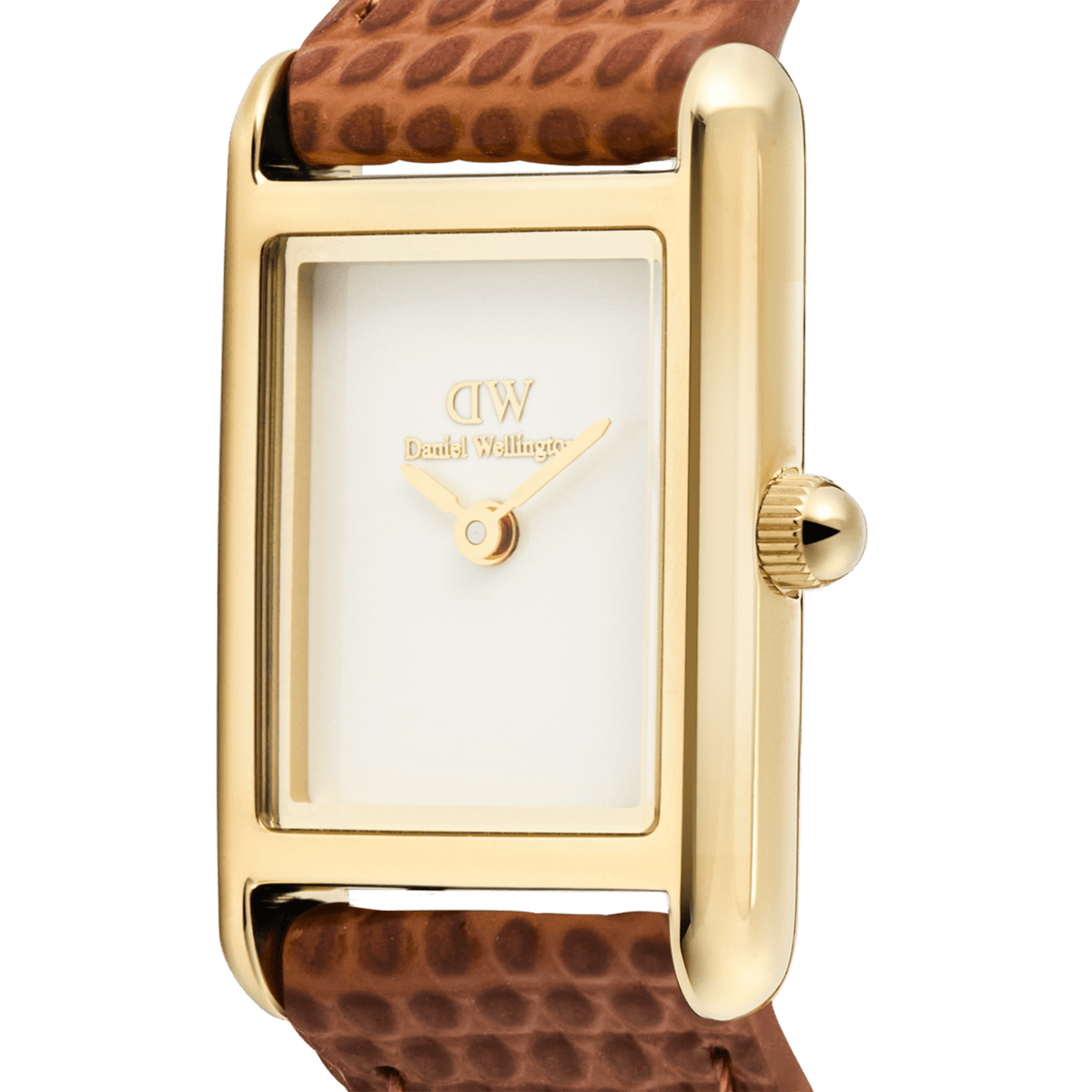Bound Mini Light Brown Lizard Goldの文字盤とケースをクローズアップした画像です。ポリッシュ仕上げのゴールドのレクタンギュラーケースが、ホワイト文字盤を額縁のように縁取ります。ゴールドの二針と、ライトブラウンのリザード型押しレザーストラップもご確認いただけます。