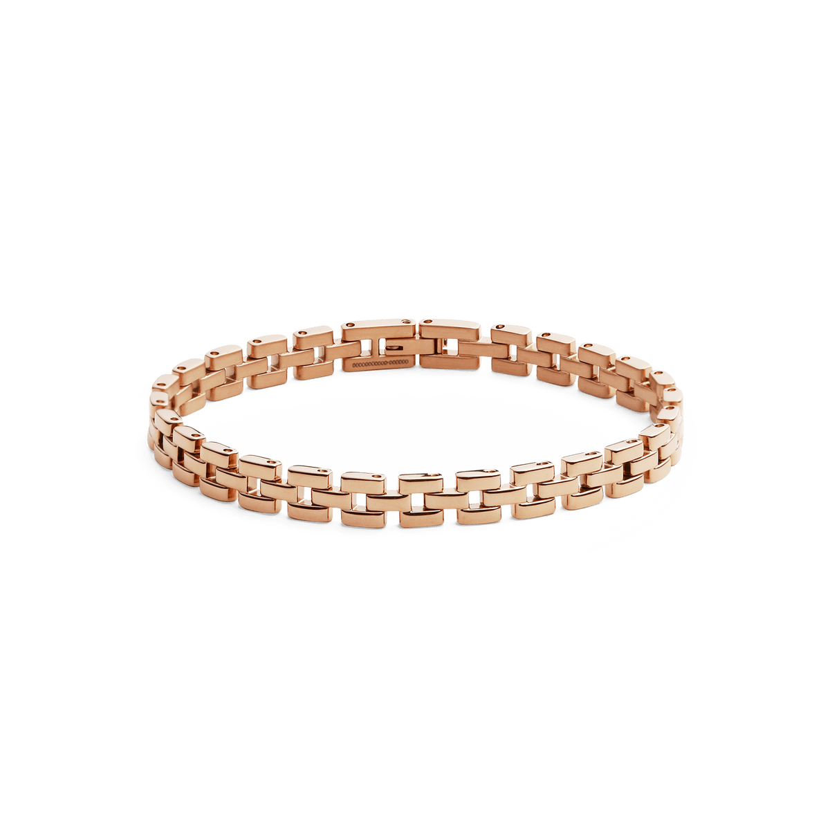 Daniel Wellingtonの3-Link Bracelet ローズゴールドの全体像です。規則的に連なる3連リンクは、ポリッシュ仕上げが光を受けて上品な輝きを放ちます。クラスプ部分も確認できるプロダクトカットです。