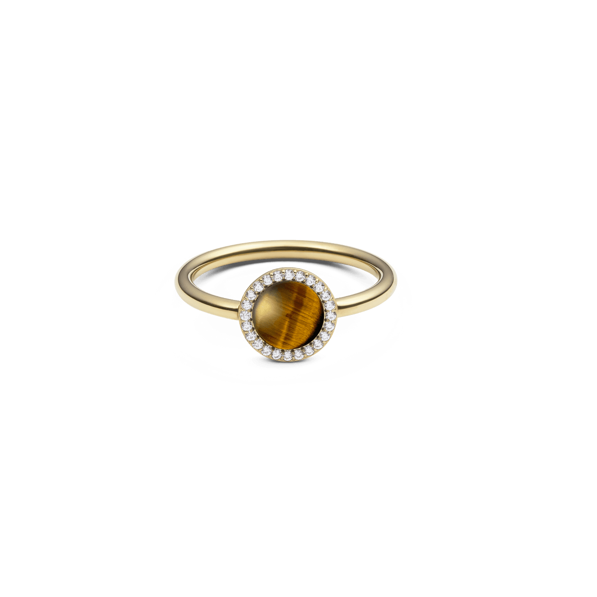 Daniel Wellington Audrey Ring Tiger Eye Goldは、ドーム型のタイガーアイ天然石をホワイトキュービックジルコニアのハローセッティングで囲んだ、ゴールドの細身リングです。