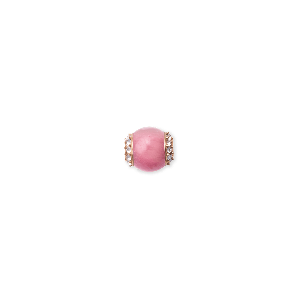 Daniel WellingtonのRhodonite Crystal Orb ローズゴールドチャーム。ピンク色の天然ロードナイトを丸くカットし、両端にホワイトクリスタルをリング状にあしらった、控えめなサイズのオーブデザインです。