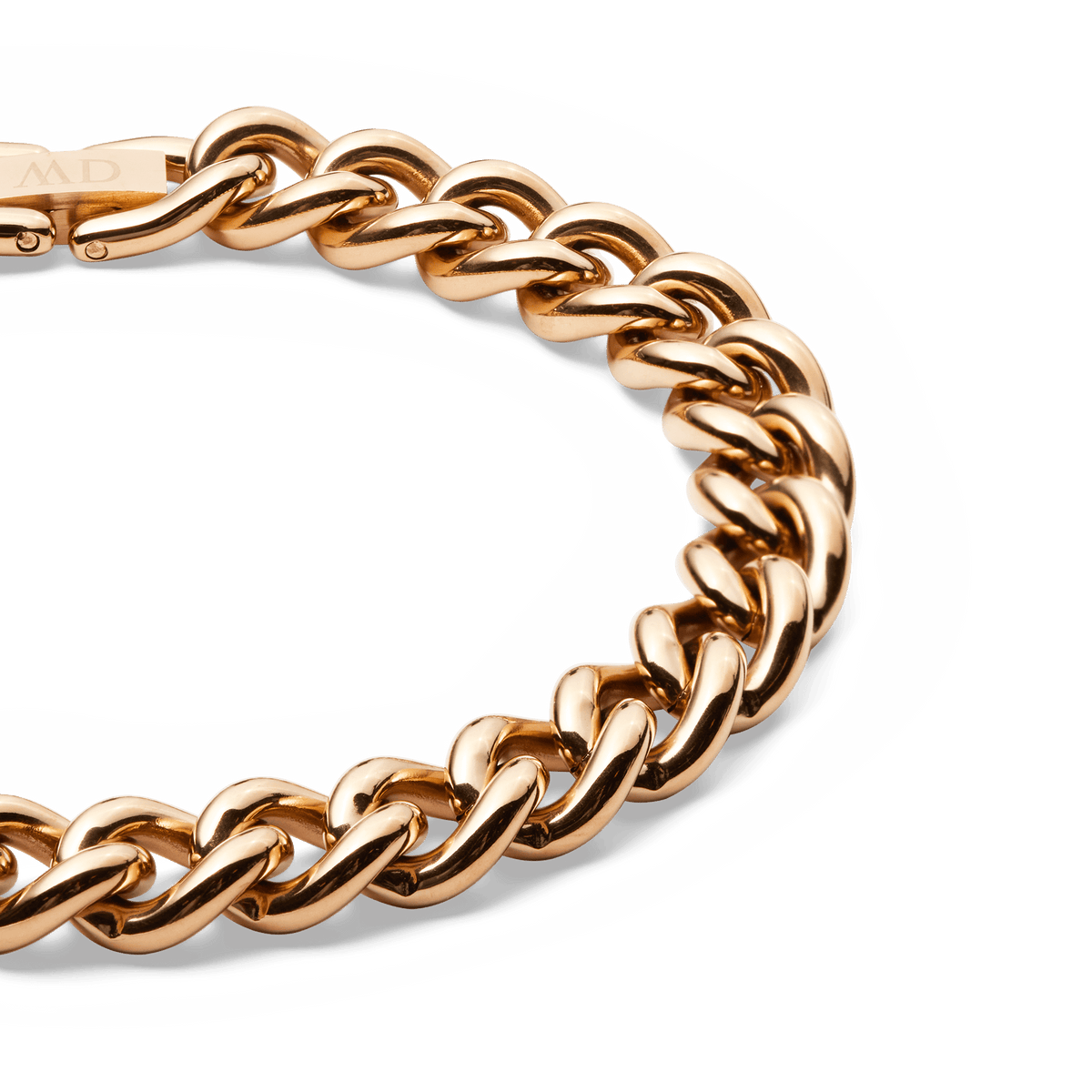 ローズゴールドのChunky Chain Braceletをクローズアップ。太めのリンクが連なるカーブチェーンのディテールと、光を受けて陰影が際立つポリッシュ仕上げの質感をご確認いただけます。