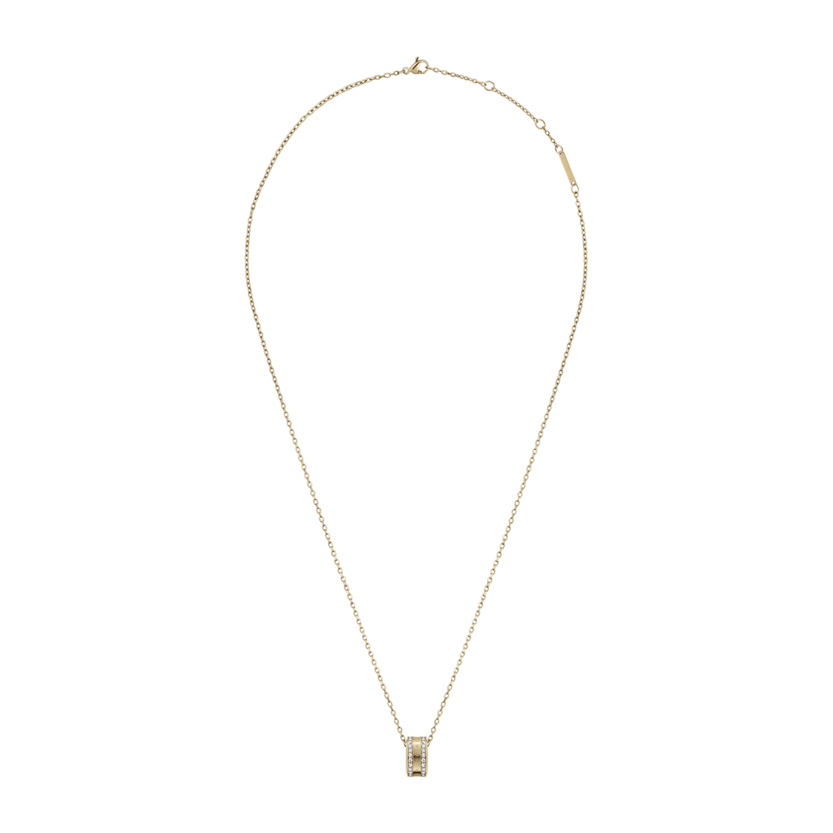 Daniel WellingtonのElan Lumine Necklace ゴールドの全体像。細身のケーブルチェーンに、クリスタルがあしらわれたリング型ペンダントが下がり、留め具付近にはブランドプレートが添えられたミニマルなデザインです。