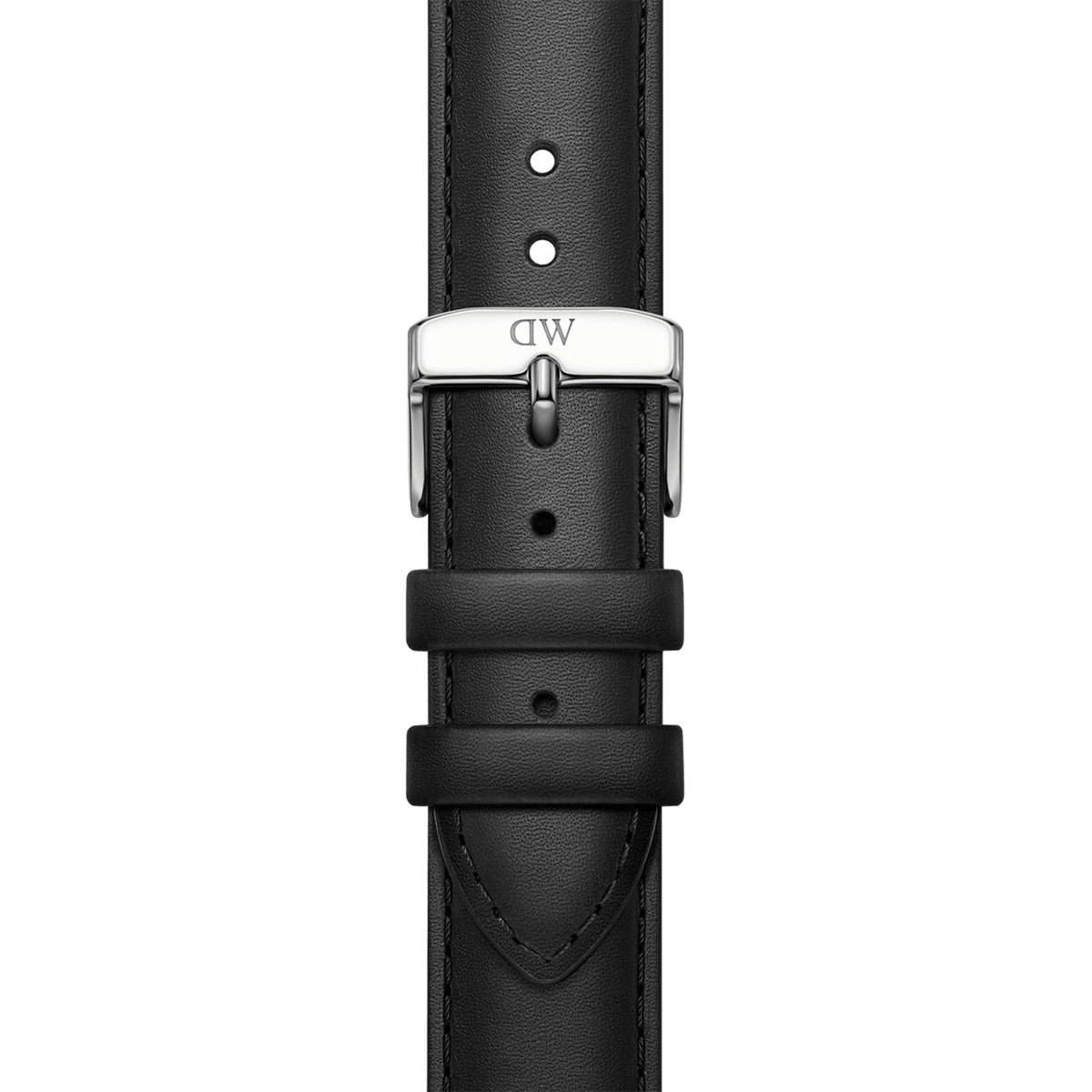スマートウォッチ用ブラックレザーストラップのバックル部分をクローズアップした製品画像です。上質なイタリア製本革のきめ細かな質感と、丁寧に施されたステッチ、そしてDaniel Wellingtonのロゴが刻印されたシルバーピンバックルがご覧いただけます。