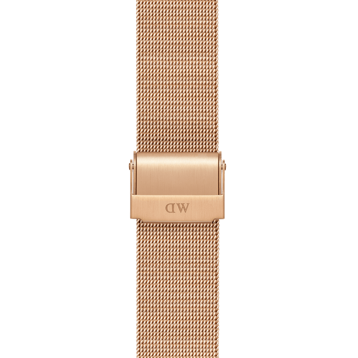 スマートウォッチストラップ Mesh Rose Goldのバックル部分をクローズアップした画像です。ヘアライン仕上げのローズゴールドバックルにはDaniel Wellingtonのロゴが刻印されており、緻密に編み込まれたメッシュの質感が際立っています。