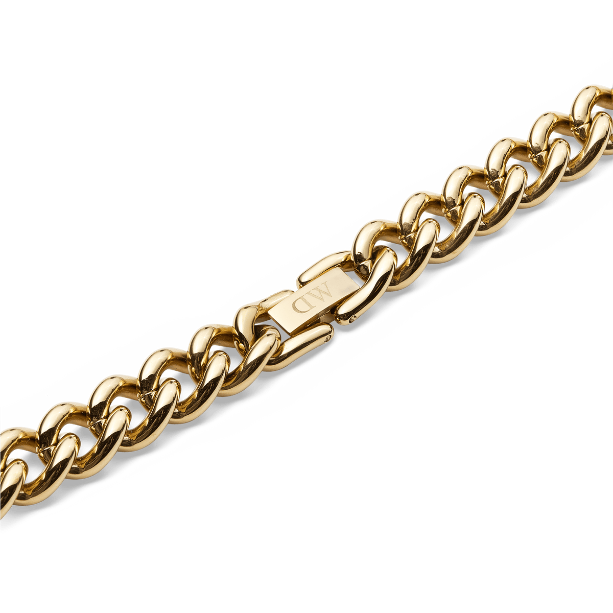 Chunky Chain Necklaceの折りたたみ式クラスプ部分をクローズアップ。ゴールドPVDメッキの留め具にはDaniel Wellingtonのロゴが刻印されており、太めのカーブチェーンと一体化したシームレスなデザインが特徴です。