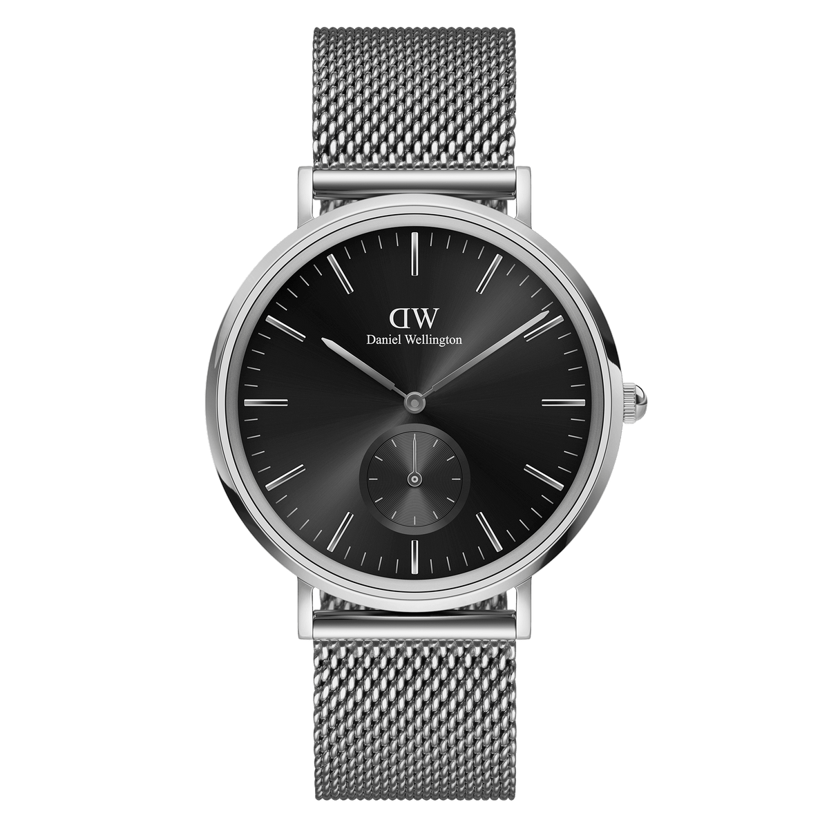 Daniel Wellington Classic Multi-Eye Sterling Onyxの正面画像。ブラックのサンレイダイヤルに6時位置のスモールセコンドを配し、シルバーのポリッシュケースとメッシュストラップを組み合わせたメンズ腕時計です。