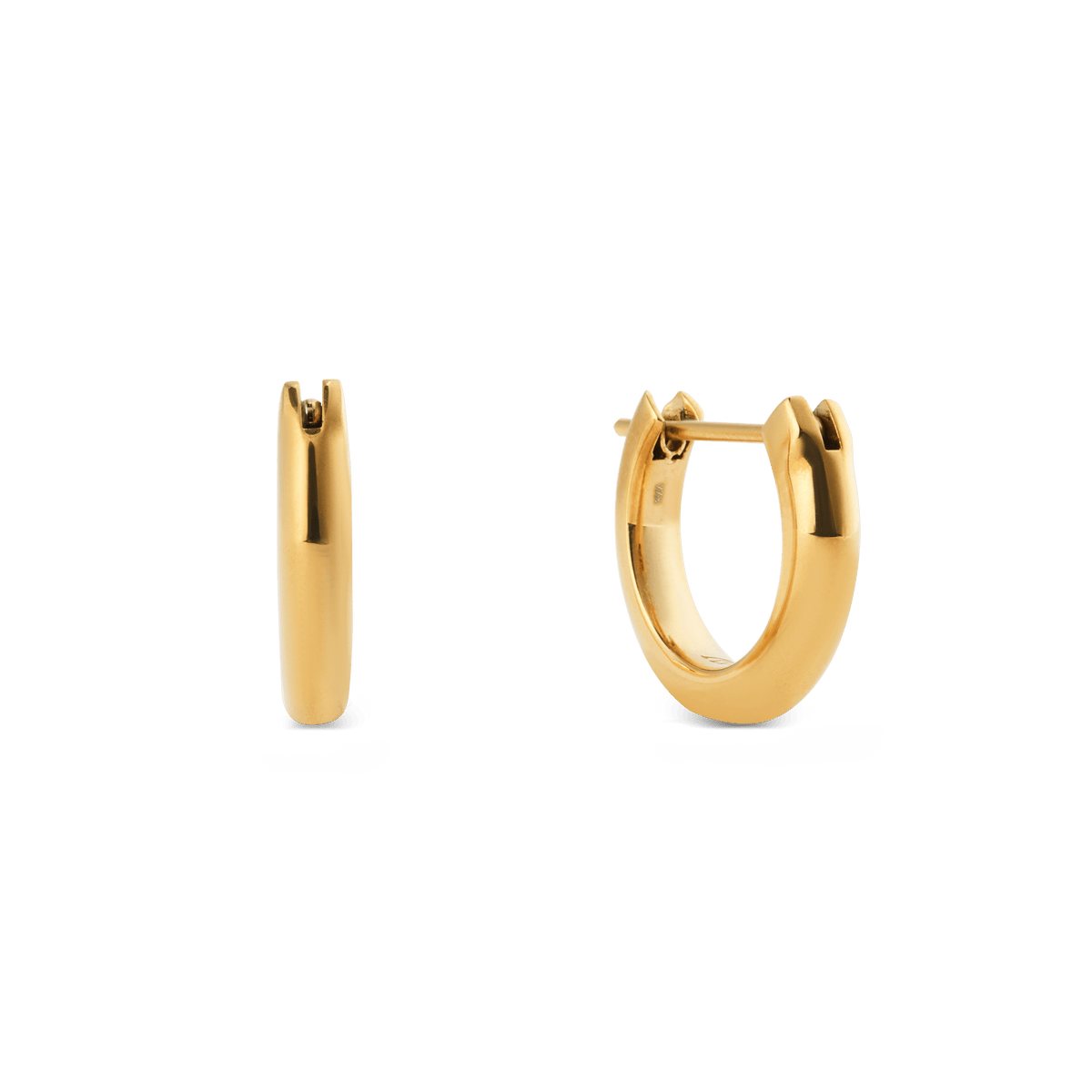 ダニエルウェリントン Arch Earrings Gold 9mmの正面と側面を並べた製品画像です。ポリッシュ加工のゴールドカラーが光をやわらかく反射する、丸みのあるアーチ型の小ぶりなフープピアスです。