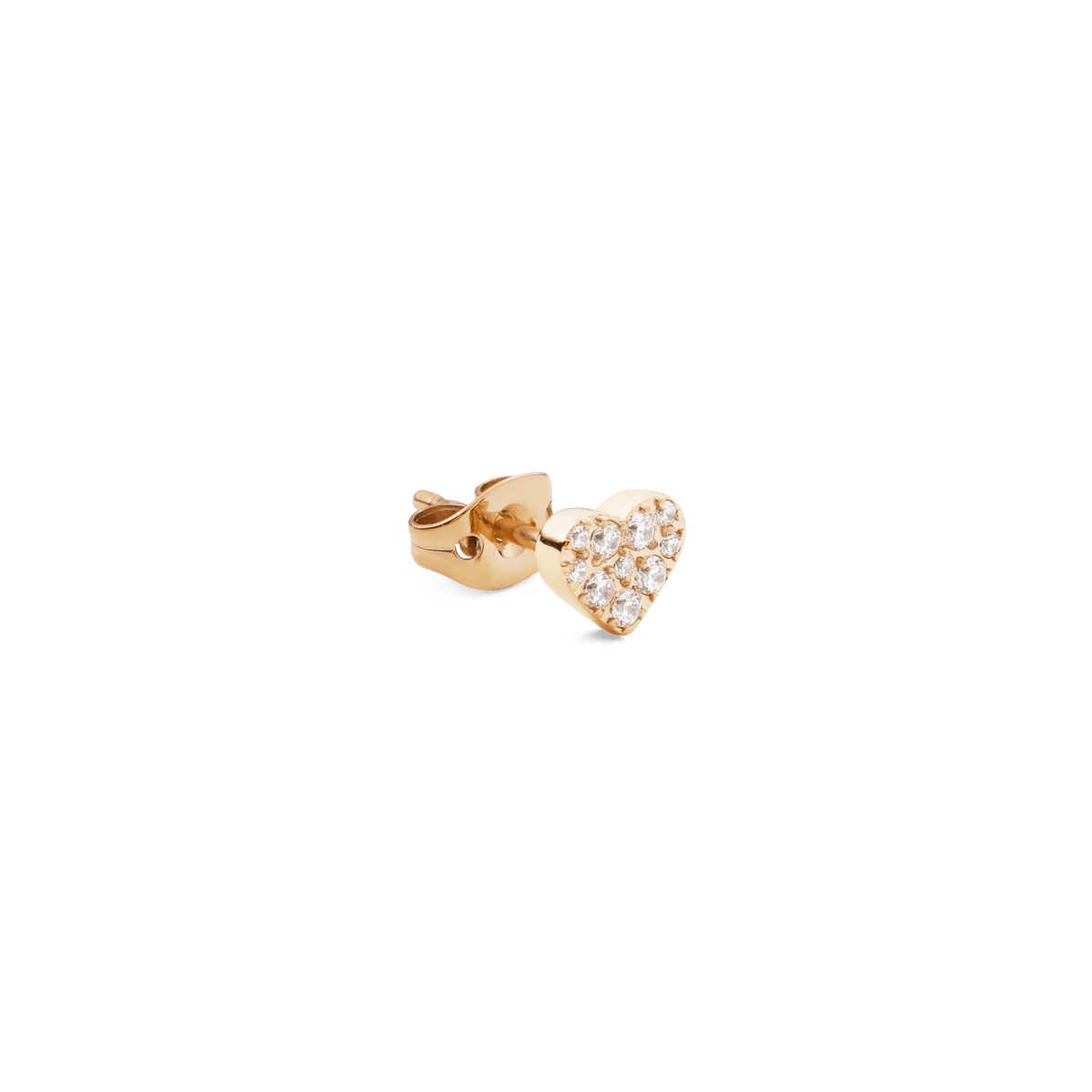 ダニエルウェリントン Crystal Heart Stud Goldを横から撮影した製品画像。バタフライキャッチとキュービックジルコニアがあしらわれた小ぶりなハートモチーフの細部が確認できます。