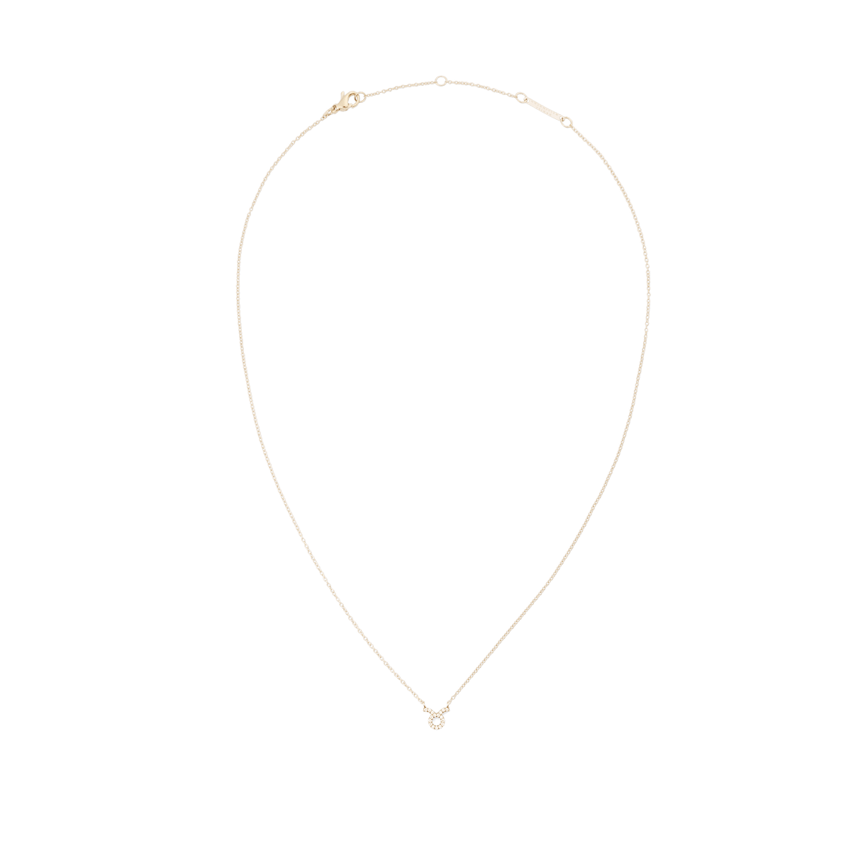 白背景で撮影したCrystal Zodiac Chain Necklace Goldの全体写真です。繊細なゴールドチェーンが自然なドレープを描き、先端にはクリスタルでデザインされた牡牛座のペンダントがあしらわれています。上部にはロブスタークラスプとアジャスターが付いています。