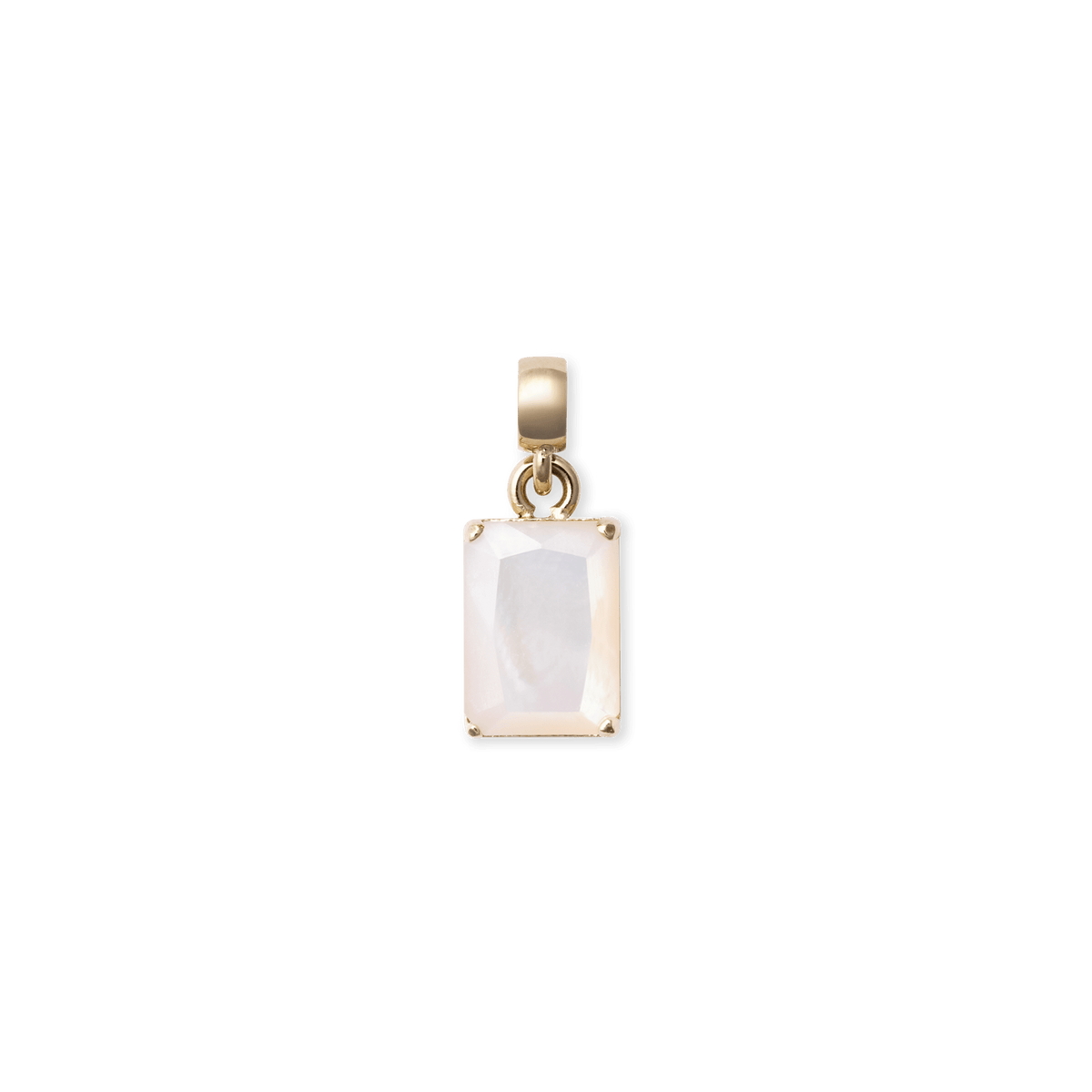 ダニエルウェリントンのMother of Pearl Octagon ゴールドチャームの正面画像です。ファセットカットを施した乳白色の真珠母貝をゴールドの爪留めで固定し、上部にはチェーンに通すためのゴールド製バチカンが付いています。
