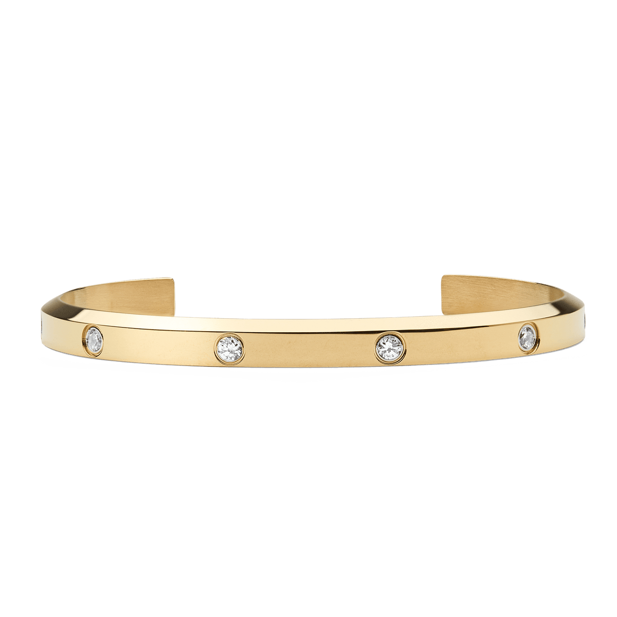 Daniel Wellington Classic Lumine Bracelet Goldの正面からのプロダクトカットです。磨き上げられたゴールドカフにキュービックジルコニアが等間隔に埋め込まれ、フラットな仕上がりながらも控えめな輝きが際立ちます。