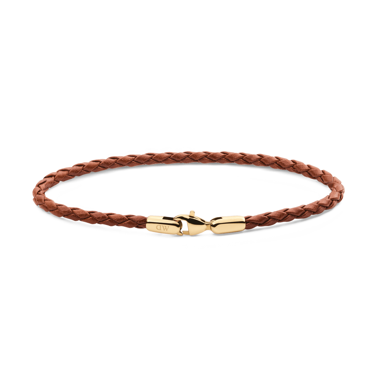 Daniel WellingtonのBraided Leather Bracelet St Mawes 2.8 Goldの全体像。ライトブラウンの編み込みレザーにゴールドのロブスタークラスプが映える、白背景での商品単体写真です。