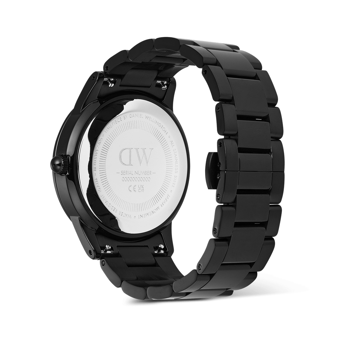 Iconic Paradigma Link Blackの裏蓋側を撮影した画像です。シルバーケースの裏面にはDaniel Wellingtonのロゴとシリアルナンバーが刻印されており、ブラック仕上げの3リンクブレスレットの構造やリューズの形状がご確認いただけます。