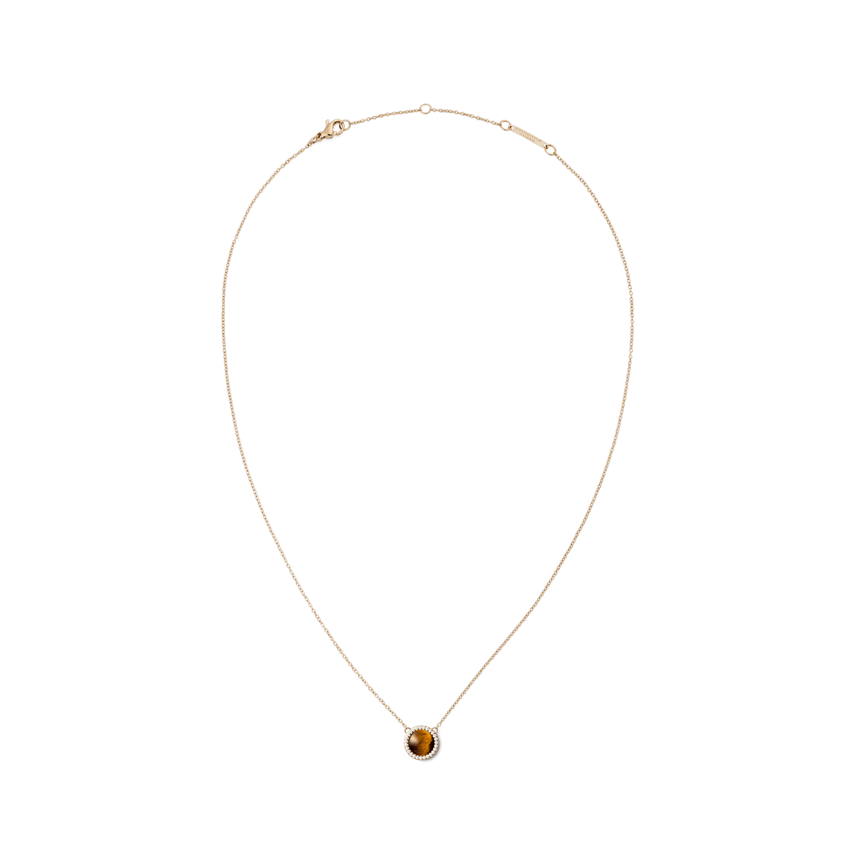 ダニエルウェリントン Audrey Necklace Tiger Eye Rose Goldの全体像。細身のローズゴールドチェーンの中央に、ホワイトキュービックジルコニアで縁取られたドーム型のタイガーアイペンダントが配置され、ロブスタークラスプとブランドロゴプレートが確認できます。