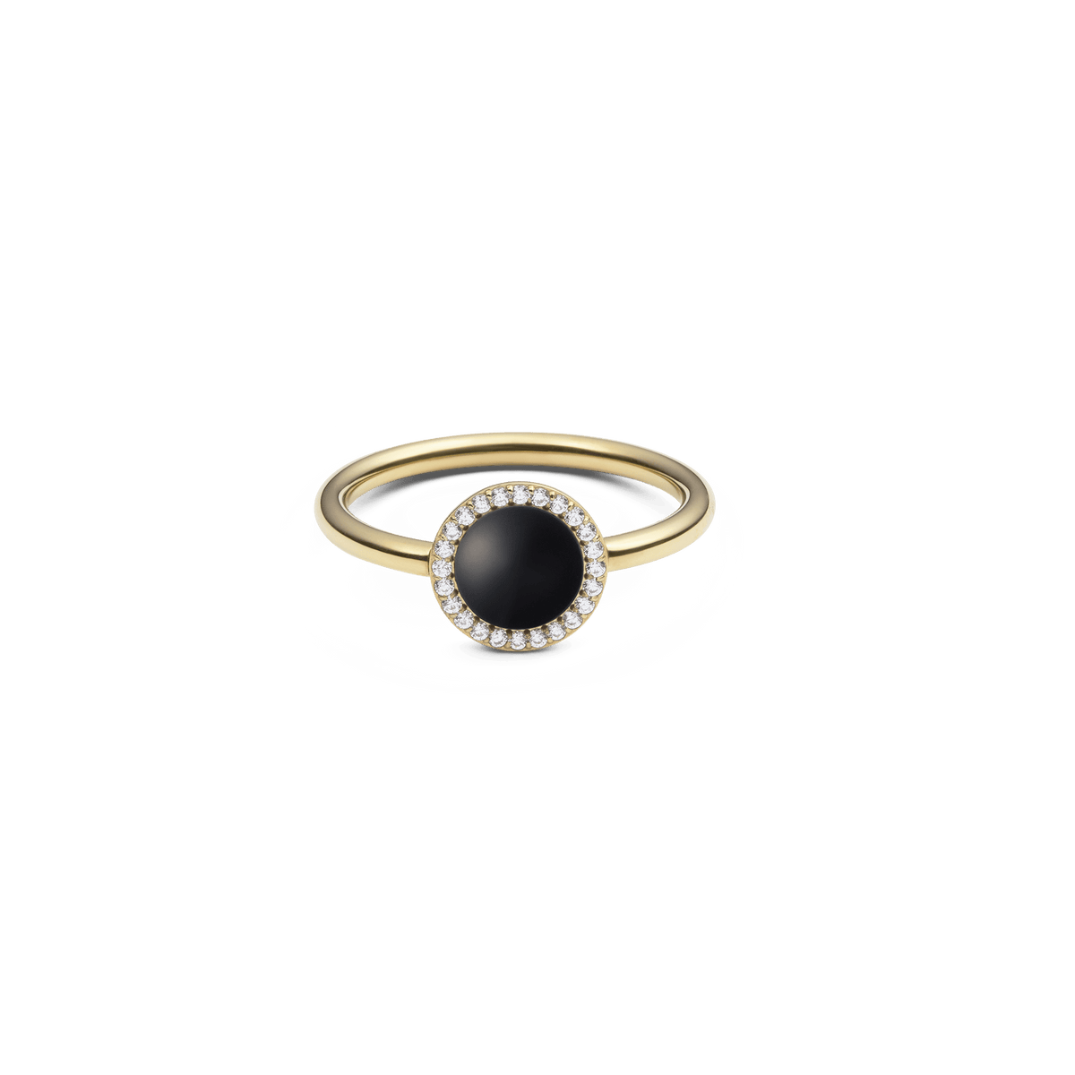 ダニエルウェリントン Audrey Ring Black Agathe Goldの正面画像。ドーム型にカットされた漆黒の黒メノウを中央に配置し、ホワイトキュービックジルコニアのヘイローが石を囲む細身のゴールドリングです。