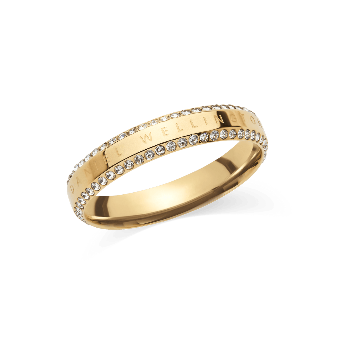 ダニエルウェリントン Classic Aura Duo Ringのゴールドカラー単体写真。バンドの上下両縁にホワイトクリスタルが一列ずつセットされ、中央にはブランドロゴが刻印されたエタニティリングです。
