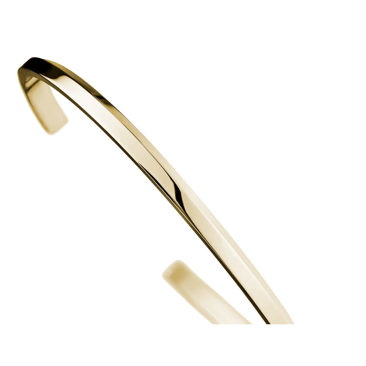 Daniel Wellington Classic Bracelet Goldの側面をクローズアップした画像です。ポリッシュ仕上げのゴールドカラーが光を受けて滑らかに輝き、細身のカフデザインの美しい曲線が際立ちます。