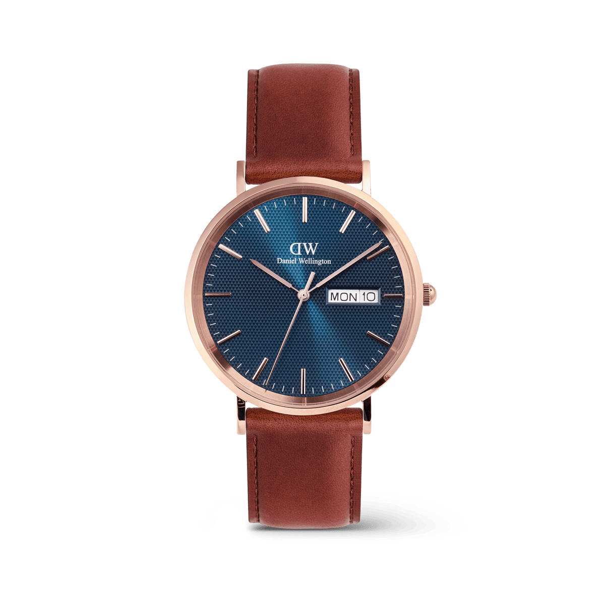 白背景に置かれたClassic Day Display St Mawes Rose Gold Arcticの全体を捉えた画像です。トライアングルテクスチャーが光を受けて深みのあるブルーに輝く文字盤と、温かみのあるブラウンのレザーストラップ、ローズゴールドのケースが美しく調和した一枚です。