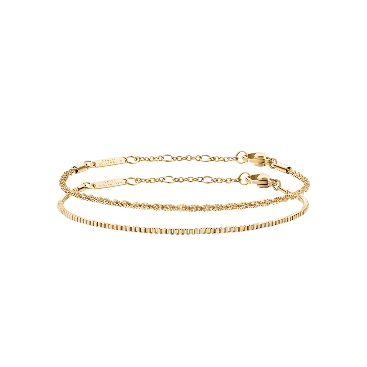 ダニエルウェリントン Staple Bracelet Set Gのゴールドカラー2本セットです。ツイストチェーンとボックスチェーンを組み合わせ、異なる質感の輝きが重なるレイヤードスタイルをお楽しみいただけます。