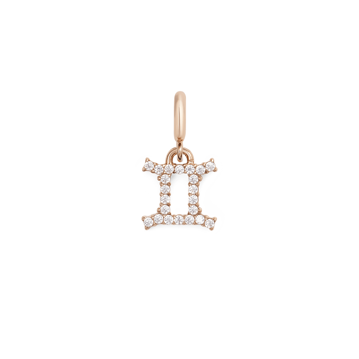 ダニエルウェリントンのZodiac Watch Charm Rose Goldは、双子座のシンボルをモチーフにしたデザインです。二本の柱と上下を繋ぐラインにはキュービックジルコニアが均等に配され、ローズゴールドの温かみのある輝きと透明感のあるきらめきが調和した仕上がりです。