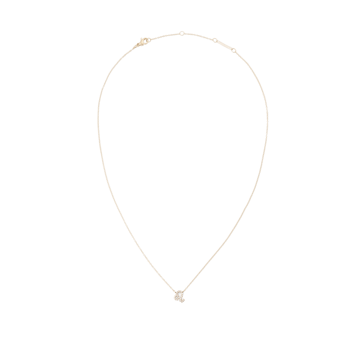 白い背景に置かれたCrystal Zodiac Chain Necklace Goldの俯瞰画像です。ロブスタークラスプやアジャスターチェーンを含むネックレス全体のシルエットと、クリスタルでデザインされた星座ペンダントの配置がわかる写真です。
