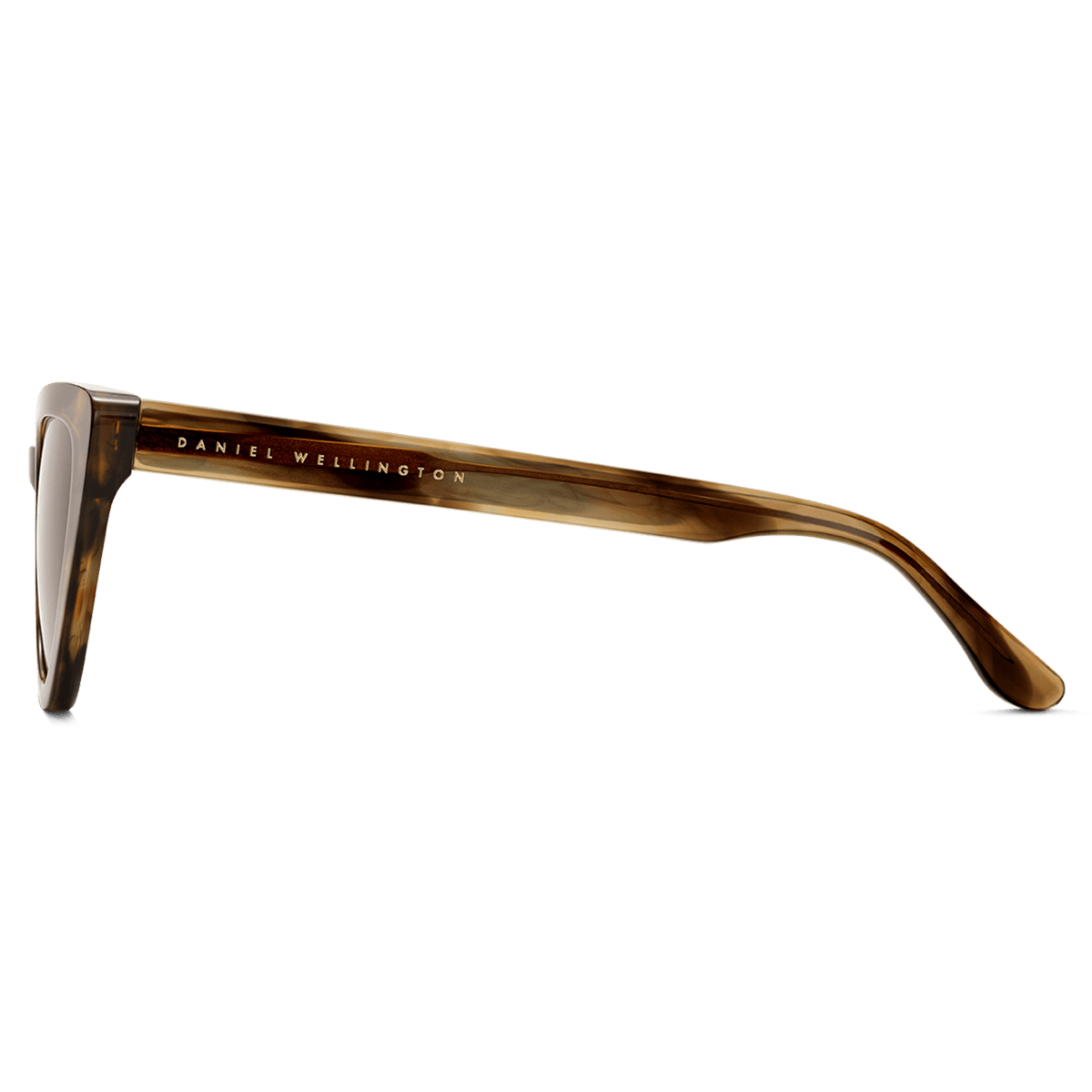 Lynx Bio-Acetate Brown Demiサングラスの側面画像です。べっ甲柄のバイオアセテート製テンプルには、ゴールドでDaniel Wellingtonのブランドロゴが刻印されています。また、琥珀色とブラウンの美しいマーブル模様が特徴です。