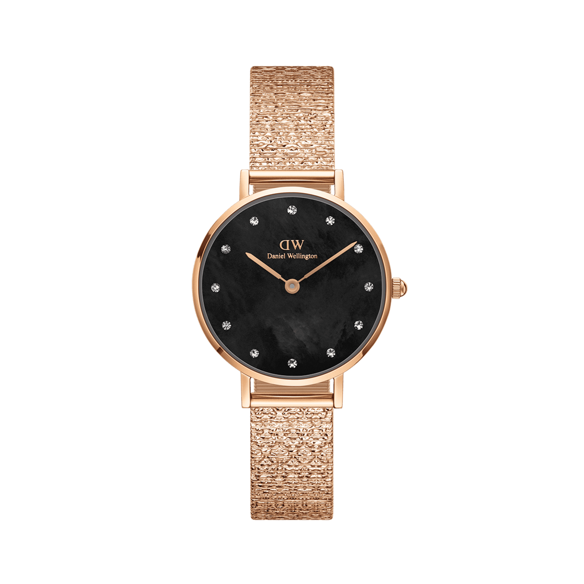 Daniel Wellington Petite Lumine Pressed Piano Black MoP Rose Goldの正面画像。ブラックマザーオブパールの文字盤に12個のクリスタルインデックスを配し、ローズゴールドのケースと立体感のあるプレス加工を施したPianoストラップが調和した女性向け腕時計です。