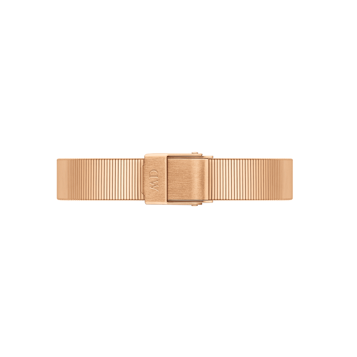 Quadro Studio Green Rose Goldの裏側から見たピアノストラップのクラスプ部分です。ローズゴールドのストラップ中央には細かな縦溝が均一に並び、ブランドロゴが刻印されたフォールディングバックルを装備しています。