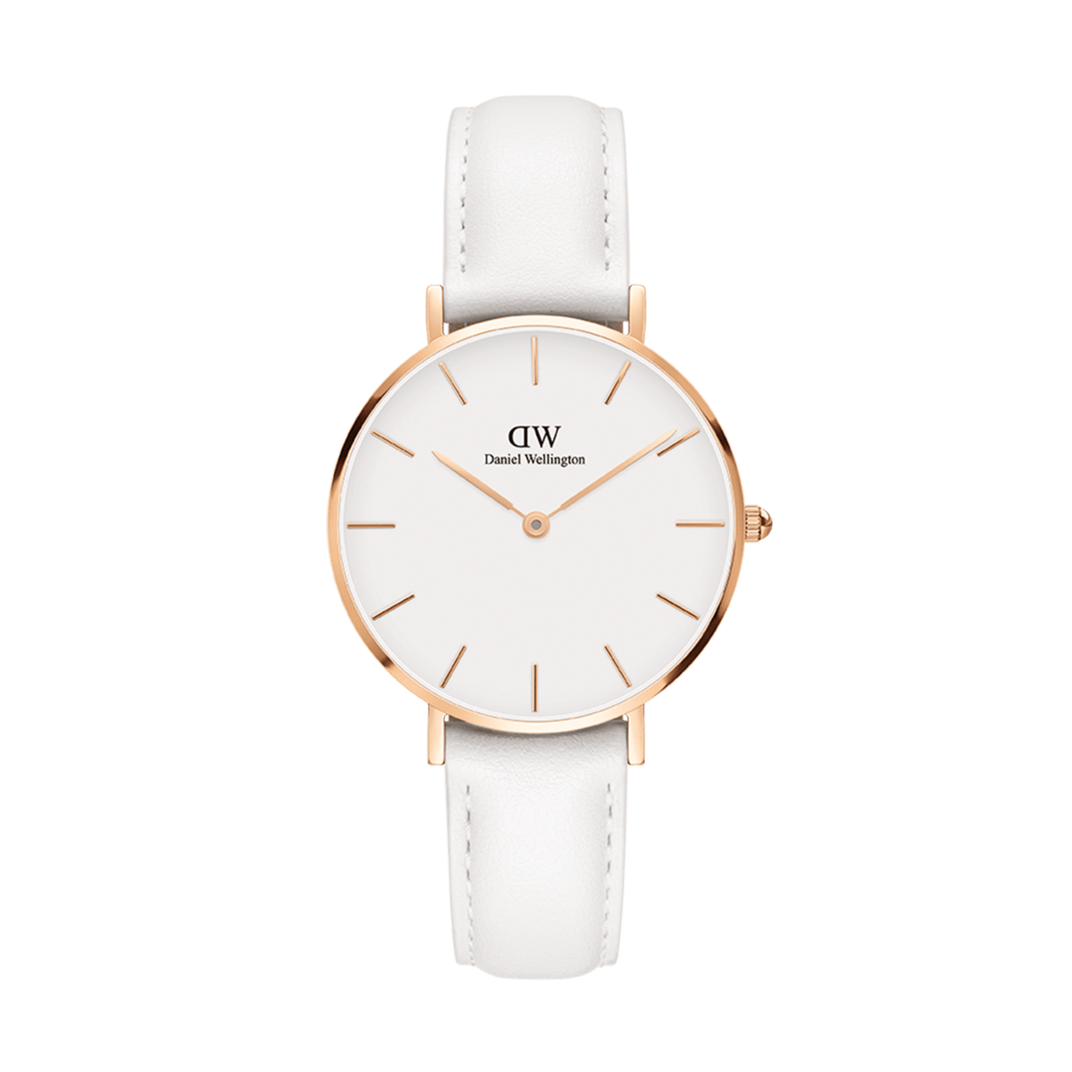 Petite Bondi Rose Goldを白背景で撮影した全体の画像です。ローズゴールドのケースとオフホワイトの文字盤、ホワイトのレザーストラップが統一された上品なカラーリングで、シンプルながら清潔感のある女性向け腕時計です。